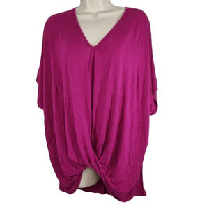 Umgee Fuchsia Purple V-neck Knotted Front Knit Top Women Size S Short Sleeve